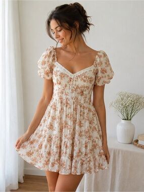 Trixxi Floral Mini Dress Large Cottagecore Coquette Puff Sleeve Babydoll Flowy